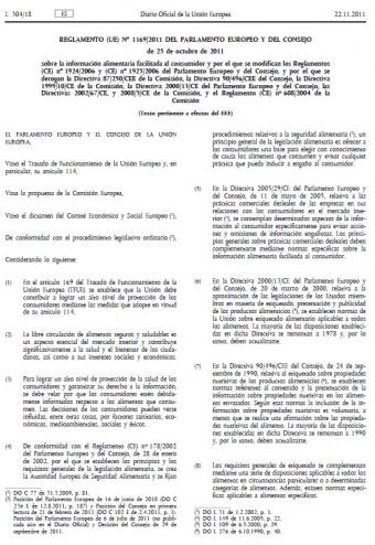 Reglamento UE 1169/2011 de PE y del Consejo sobre la información alimentaria facilitada al consumidor
